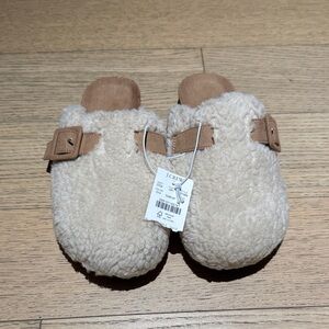 J. Crew Tan and Cream Shearling Clogs